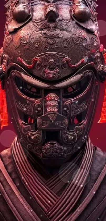 Samurai mask art with vibrant red tones.