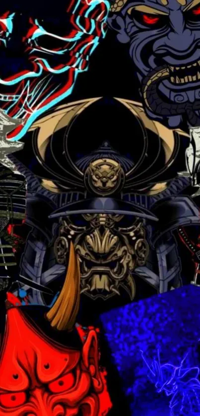 Samurai mask artwork with vibrant colors and Japanese designs.