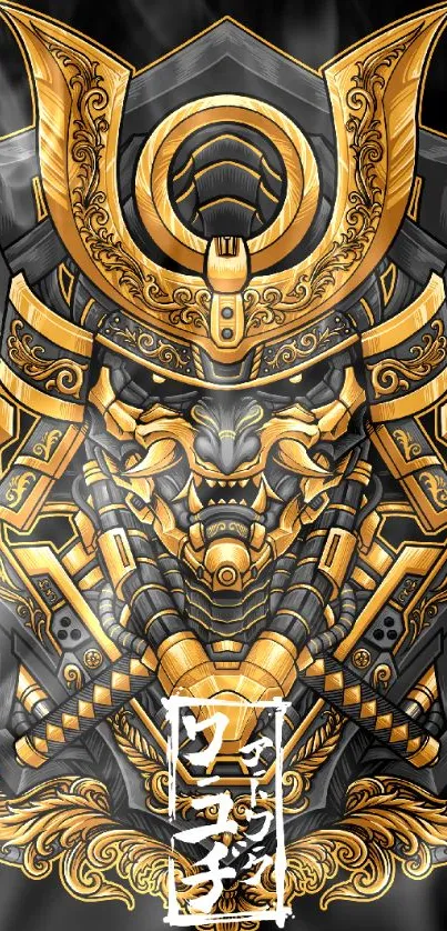 Intricate golden samurai mask on black background.