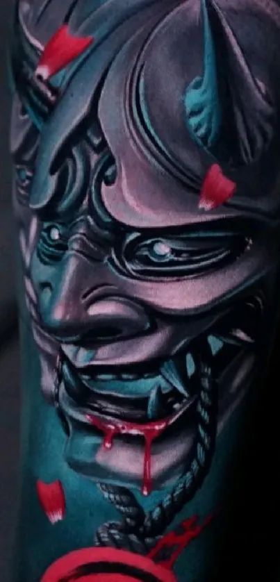 Striking samurai mask with red accents on dark background.