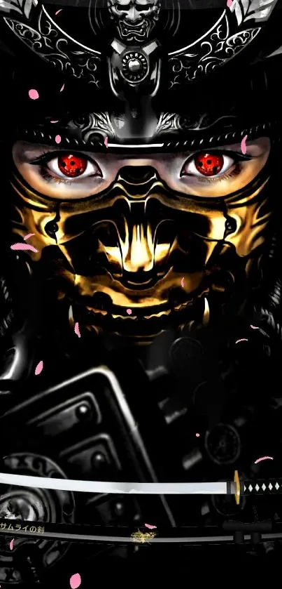 Samurai mask with red eyes and gold accents on a black background mobile wallpaper.