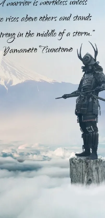 Samurai stands on a misty mountain peak overlooking clouds and a distant mountain.