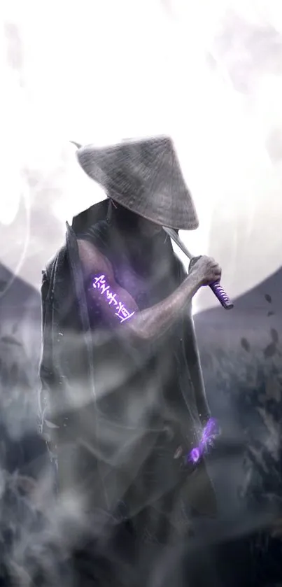 Samurai stands with glowing sword under a mystical moonlit sky.
