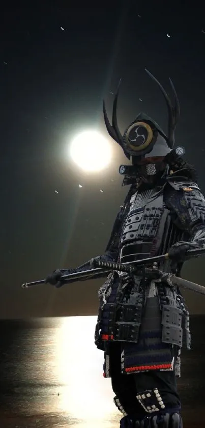 Samurai warrior standing under a bright moon on a starry night.