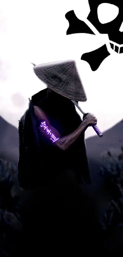 Mysterious samurai warrior under moonlight with dark, artistic background.