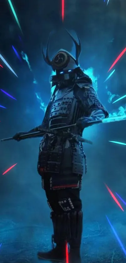 Futuristic samurai in neon burst on a dark background.