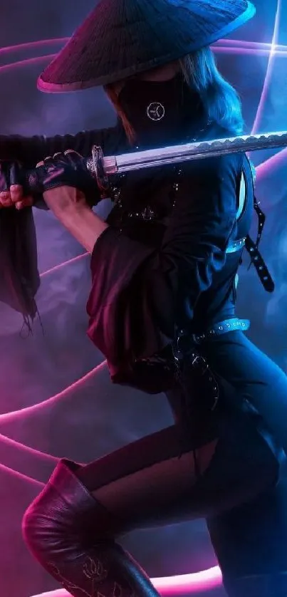 Samurai with neon lights in a dynamic pose.