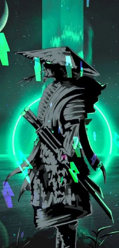 Futuristic samurai with neon green glow.