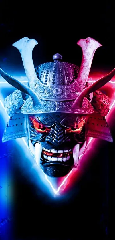 Neon samurai mask glowing in vibrant colors.