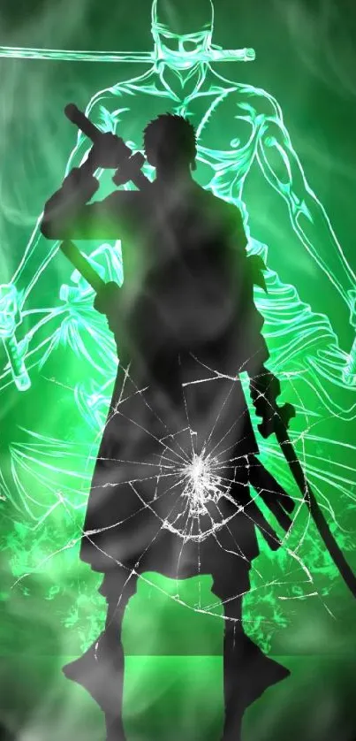 Neon green samurai silhouette mobile wallpaper with an anime theme.