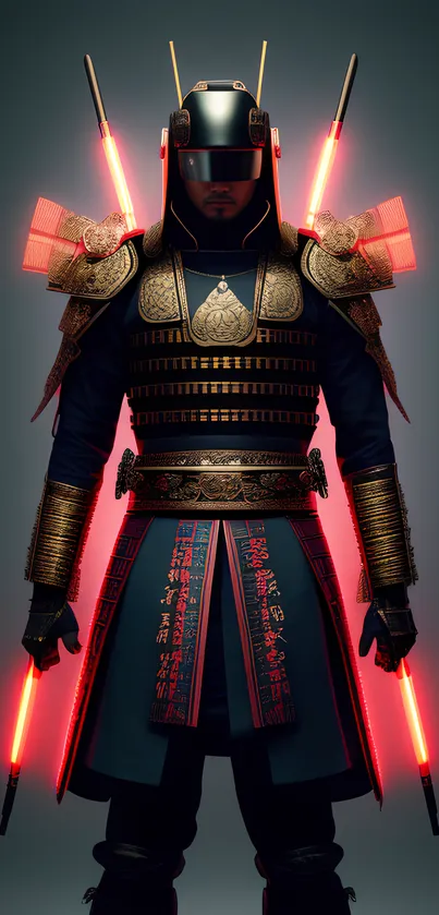 Samurai in futuristic armor with neon red lights.