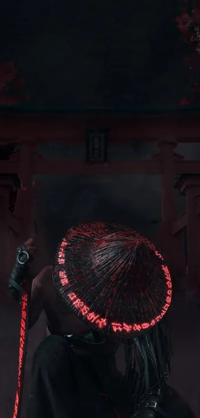 Samurai with glowing straw hat under a dark red torii gate.