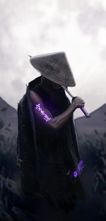 Samurai with purple glow under a full moon at night.