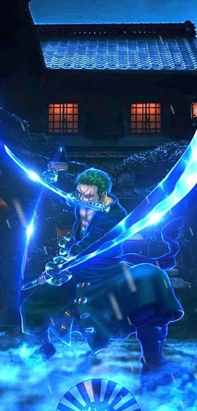 Samurai warrior with glowing blue swords in night setting.