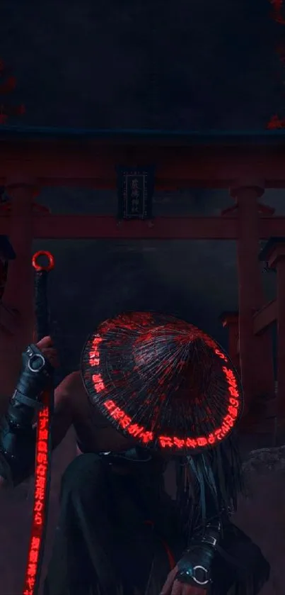 Dark samurai night scene with glowing red elements.