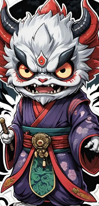 Illustrated samurai Oni character in vibrant traditional attire.