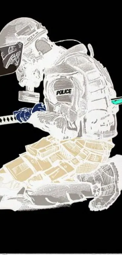 Kneeling samurai police fusion art on black background.