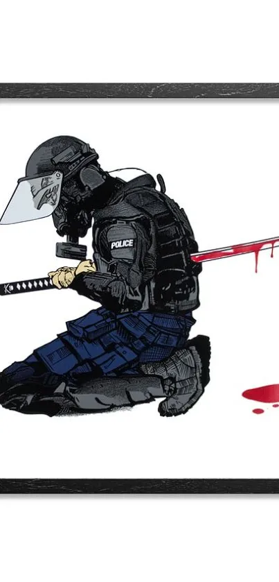 Artwork of kneeling armored figure with katana in minimalist style.