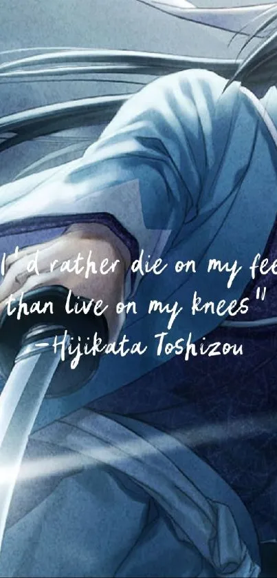 Anime samurai with inspiring quote wallpaper in blue tones.