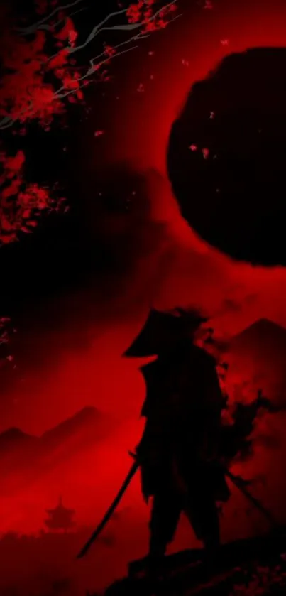 Silhouette of a samurai under a red eclipse backdrop.