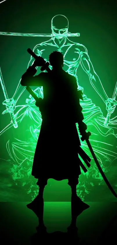 Samurai silhouette with green aura glow.