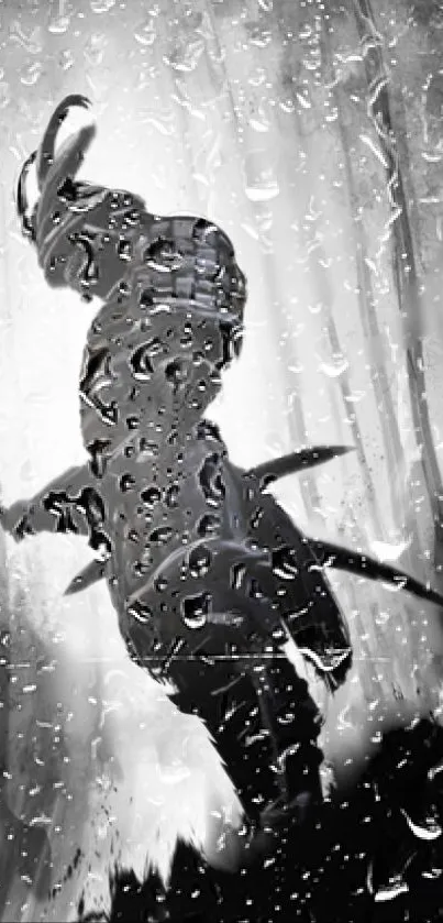 Samurai warrior silhouette in rainy forest backdrop, artistic wallpaper.