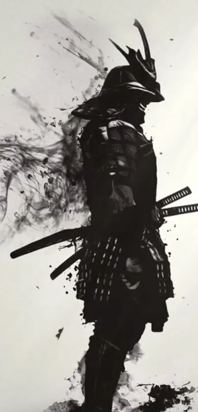 Samurai silhouette with ink splashes creates a dramatic wallpaper.