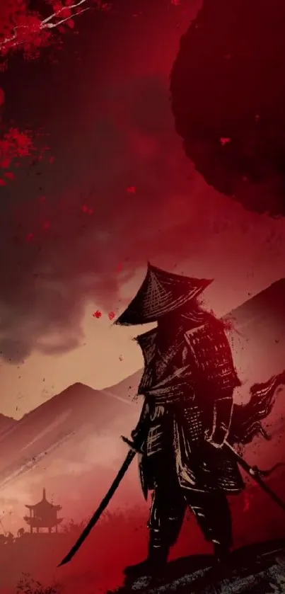 Samurai silhouette with red abstract background for mobile.