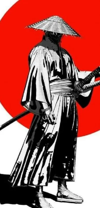 Samurai silhouette with red background circle.