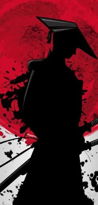 Samurai silhouette with red ink splash background.