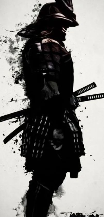 Silhouette of a samurai in grayscale with detailed armor and swords.