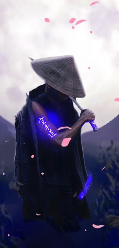 Samurai silhouette under full moon with neon accents on mobile wallpaper