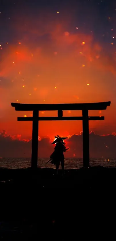 Samurai silhouette against fiery sunset by a Torii gate.