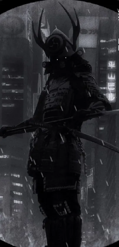 Samurai silhouette standing before a futuristic cityscape at night.