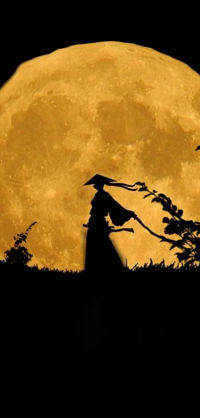 Silhouette of samurai against full golden moon.