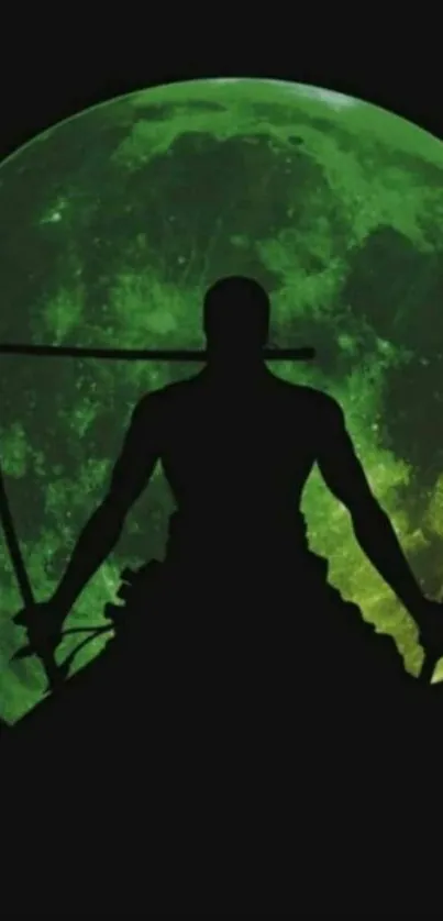 Samurai silhouette with green moon in background.