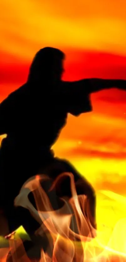 Samurai silhouette with fiery sunset background on mobile wallpaper.