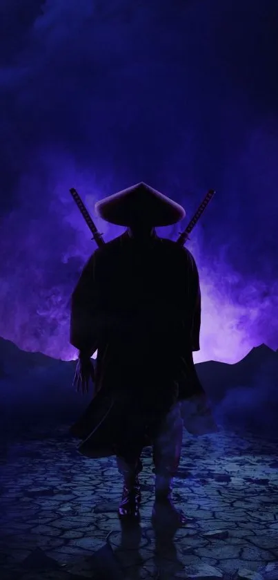 Silhouette of a samurai under a purple night sky with dramatic lighting.