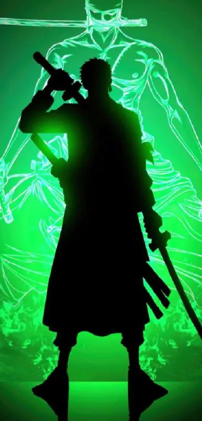 Samurai silhouette with neon green background.