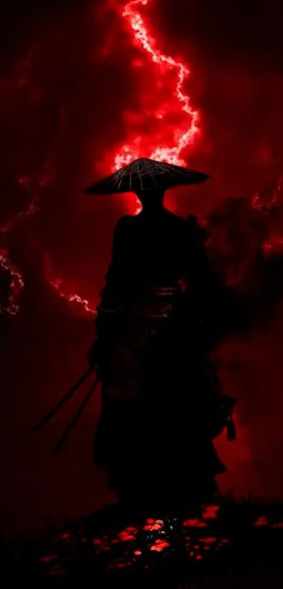 Samurai silhouette against red lightning sky.