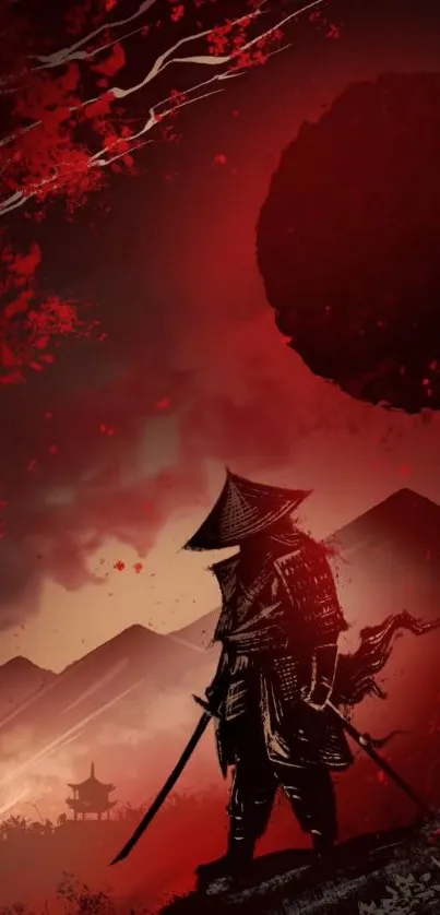 Samurai silhouette on a dark red background with mystic scenery.