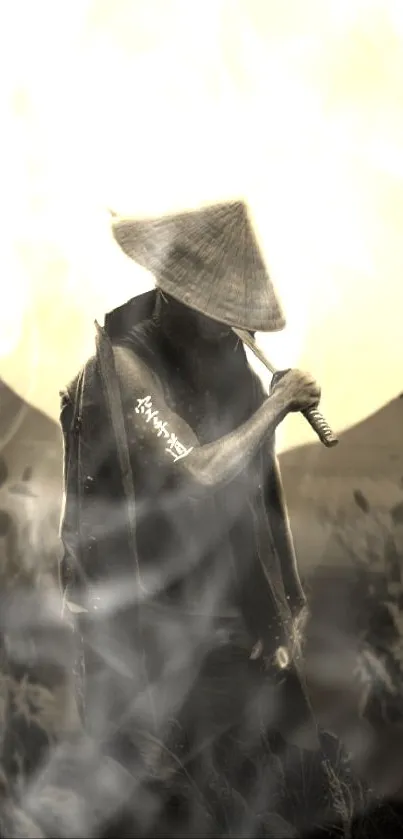 Samurai silhouette against a glowing sun.