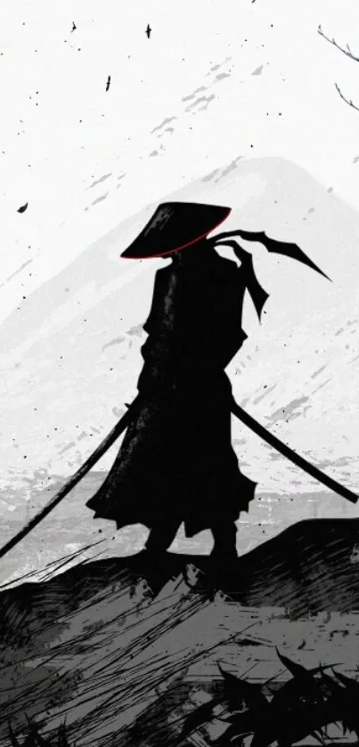 Samurai silhouette on mountain wallpaper.