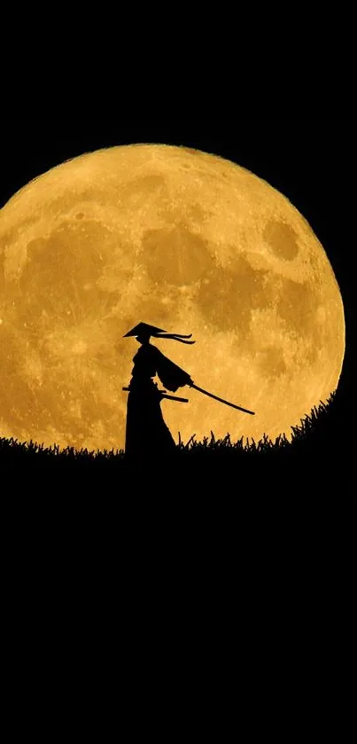 Samurai silhouette with full moon background, serene and elegant design.