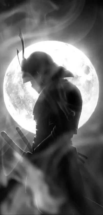 Silhouette of samurai with full moon backdrop.