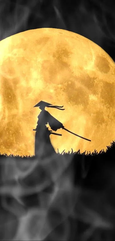 Samurai silhouette with full moon background, dark wallpaper.