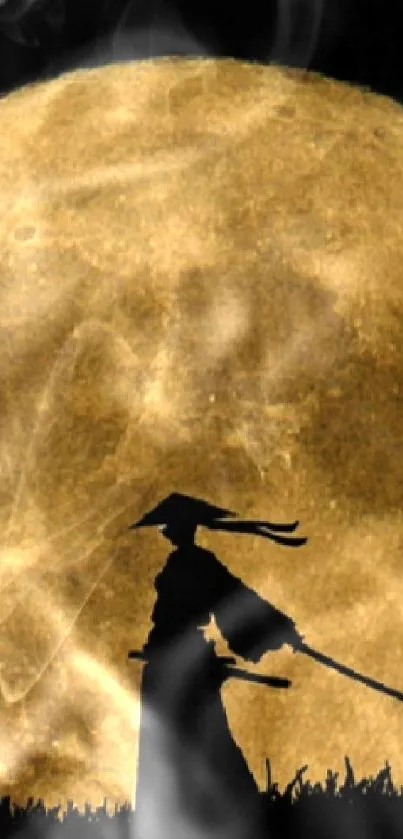 Samurai silhouette standing before the full yellow moon at night.