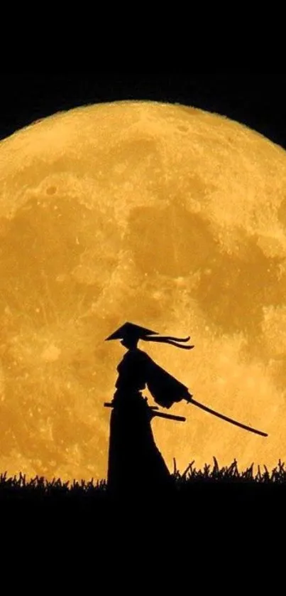 Silhouette of a samurai against a large yellow moon background.