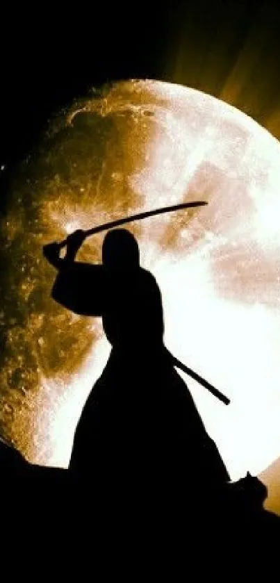 Samurai silhouette with sword in front of a glowing full moon.