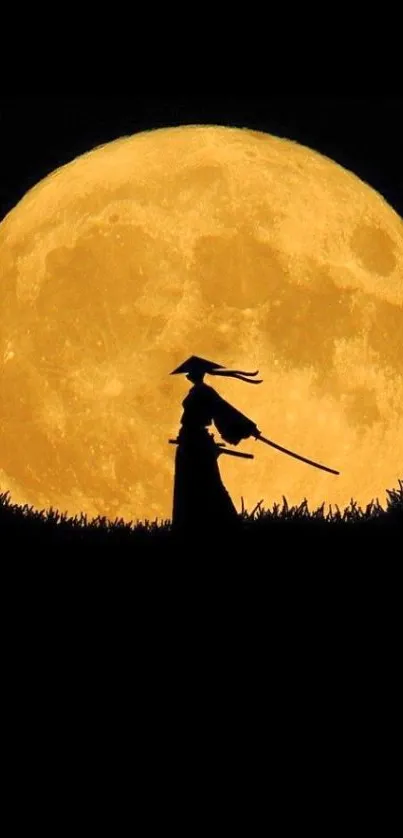 Samurai silhouette against a large full moon in a night sky.